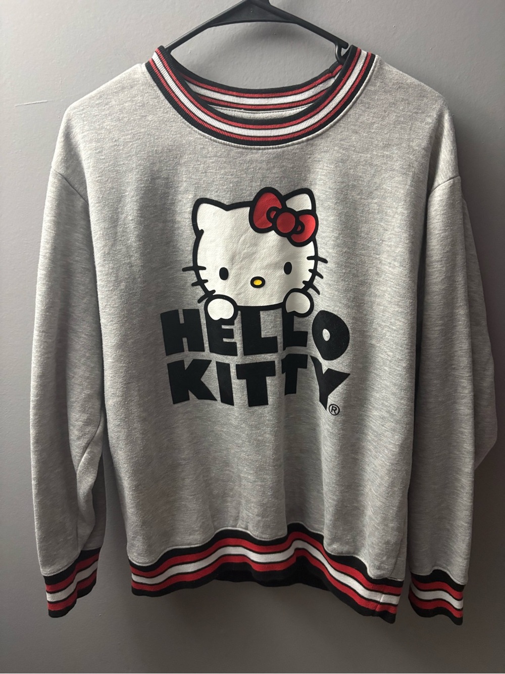 Hello Kitty Grey Crewneck with Red and Black Trim